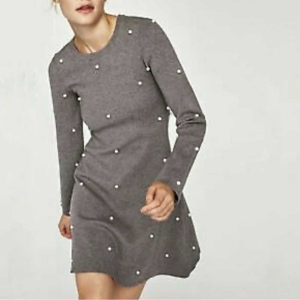 NWT‎ Zara Knit Collection Soft Pearl Grey Sweater Dress A-Line Size Large